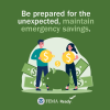 A man and woman hold money to place in a piggy bank. Text reads: "Be Prepared for the Unexpected – Maintain Emergency Savings."