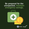 Graphic of an emergency supply kit and cash. Text reads: "Be Prepared for the Unexpected – Maintain Emergency Savings."